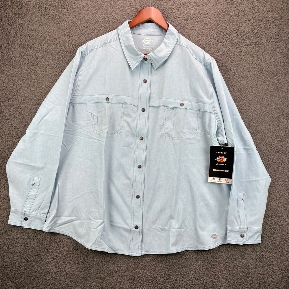 Dickies Temp-iQ Cooling Utility Shirt Mens 2X Light Blue Long Sleeve Snap Front